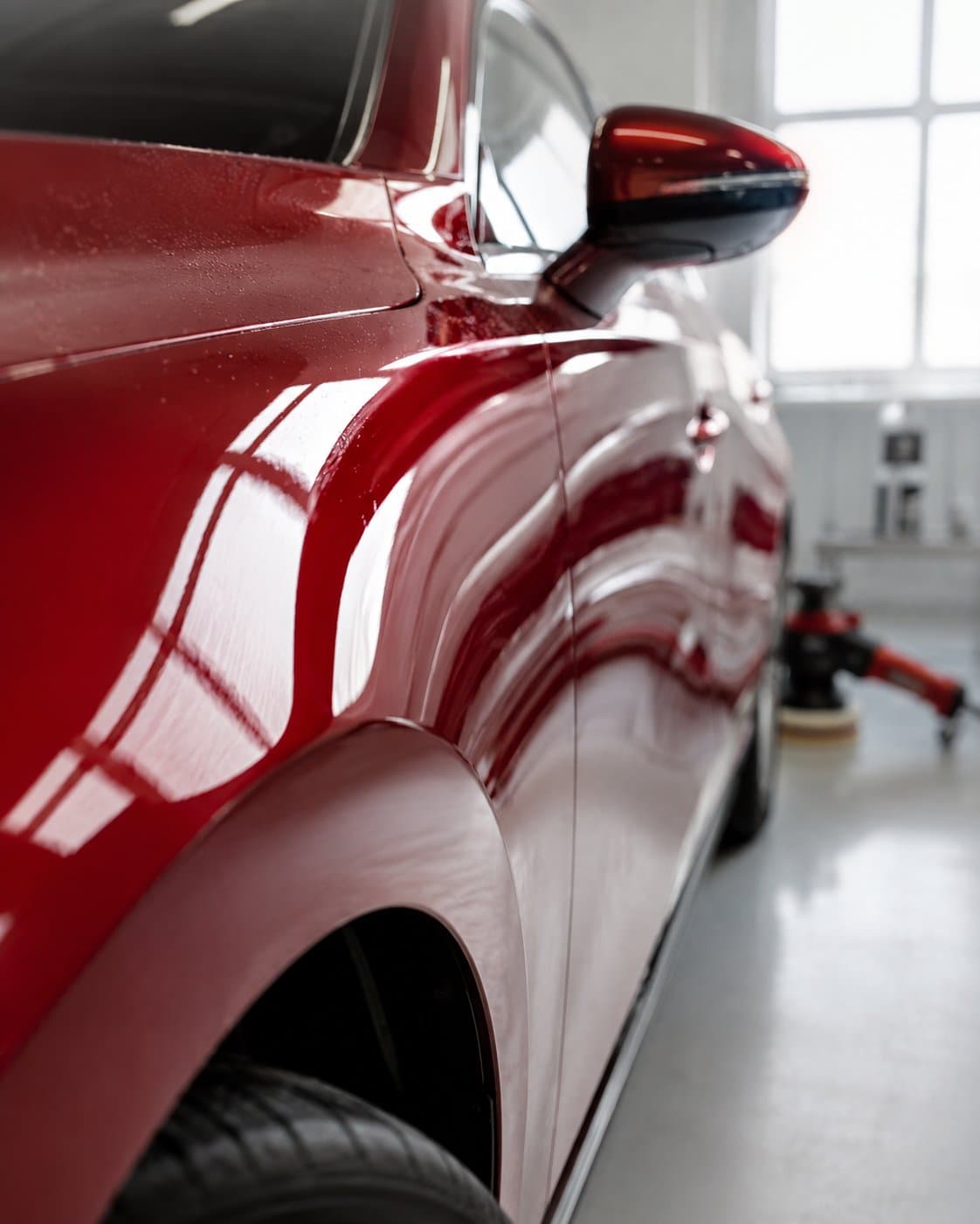 Close-up of a flawless, glossy deep-red panel finish in a clean workshop